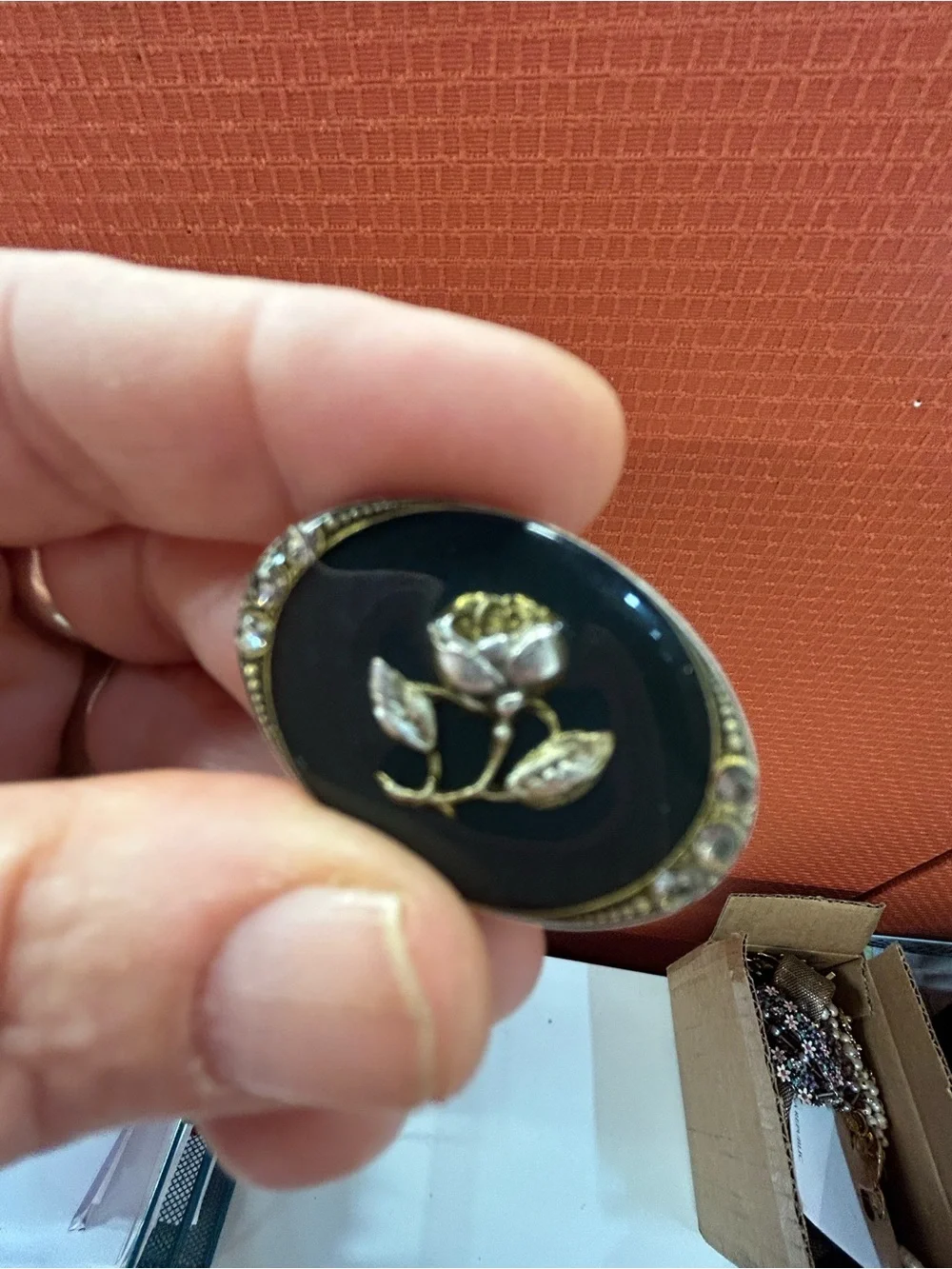 Catherine Popesco Gold Rose Oval Green Enamel Brooch with Rhinestones
